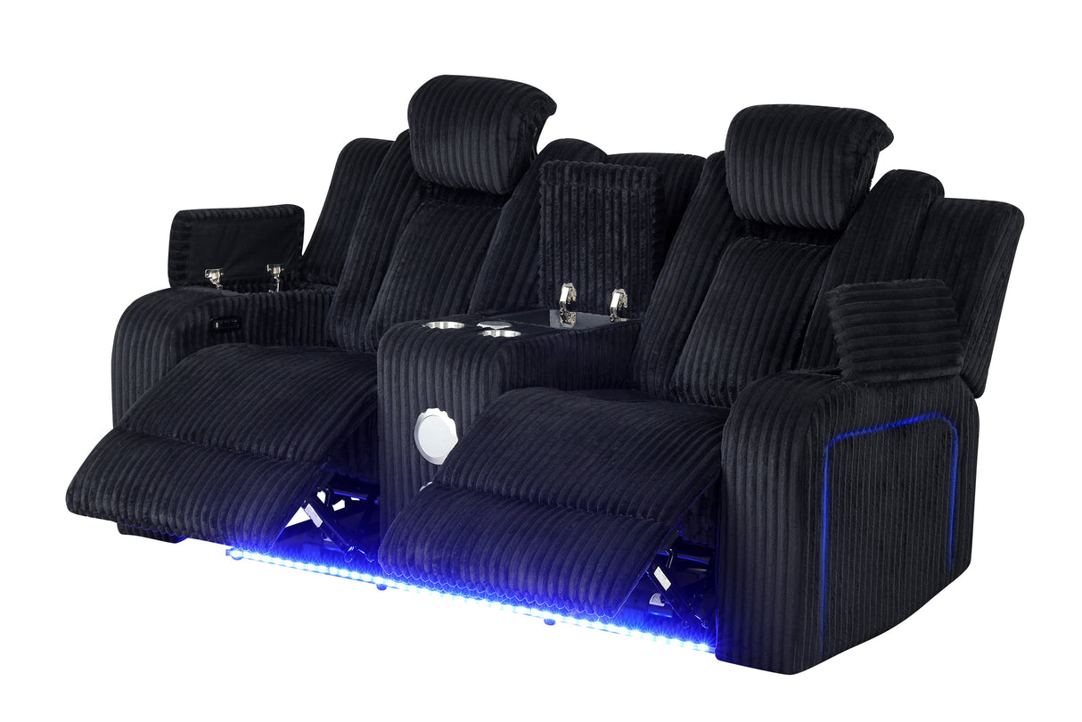 Black Corduroy Power Reclining 3-Piece Living Room Set with LED Lights, Speakers & Charging