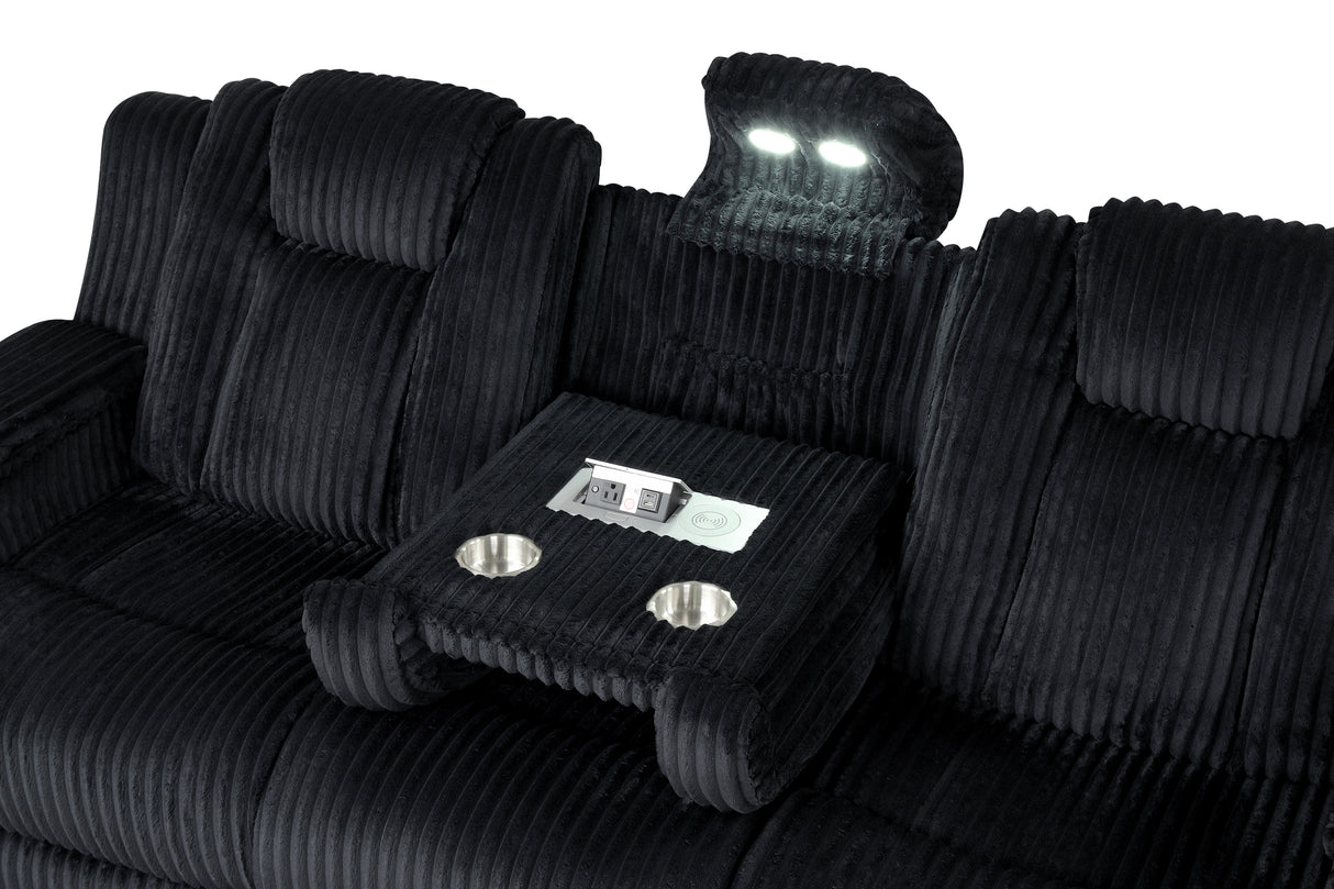 Black Corduroy Power Reclining 3-Piece Living Room Set with LED Lights, Speakers & Charging