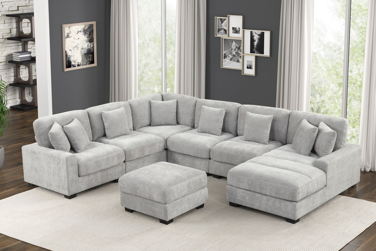 5-Piece Modern Grey Chenille Modular Sectional with Chaise & Ottoman