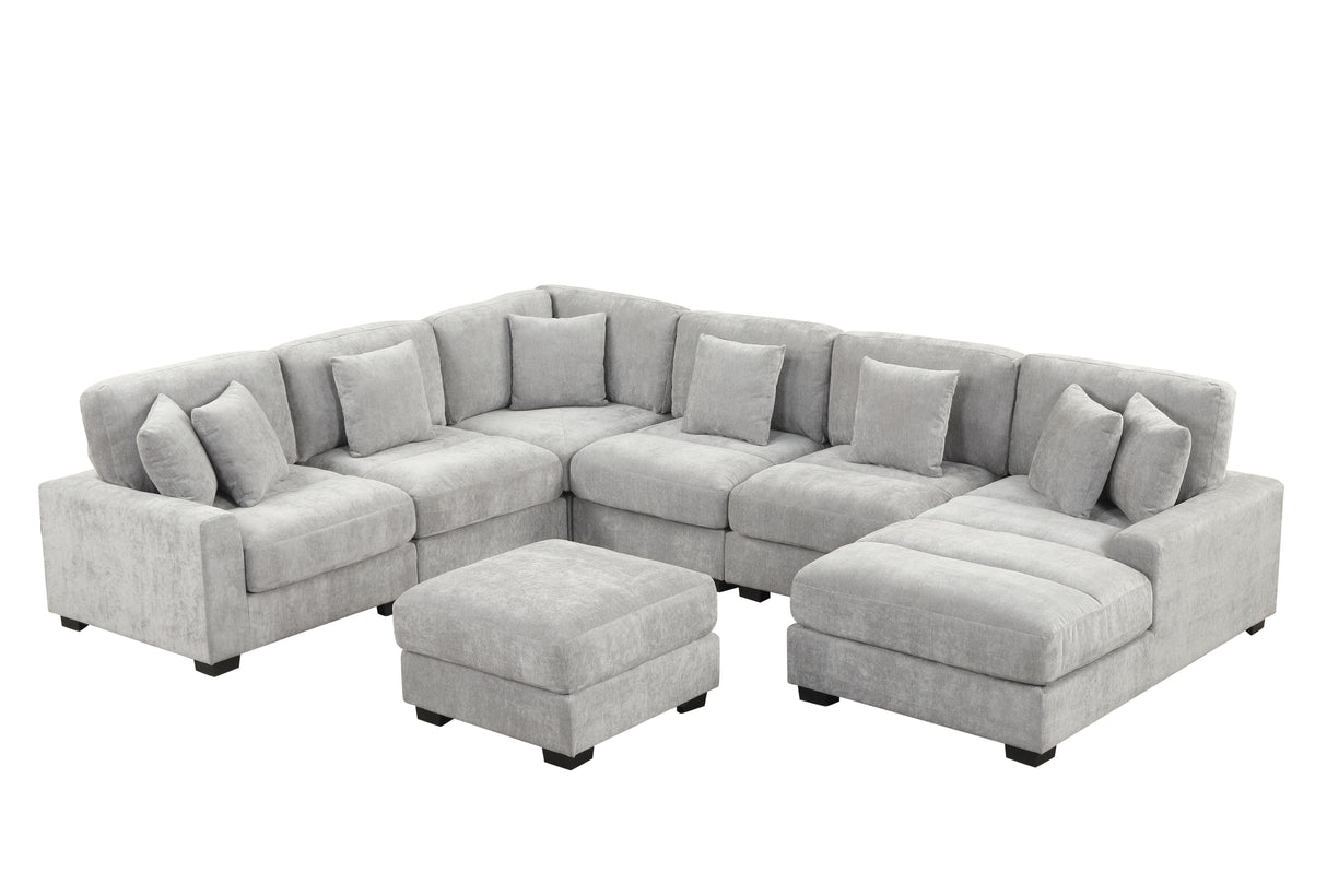 5-Piece Modern Grey Chenille Modular Sectional with Chaise & Ottoman