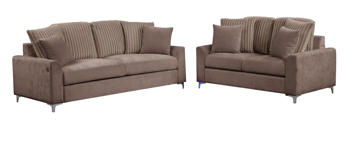 Brown Chenille Sofa & Loveseat Set with LED Lights