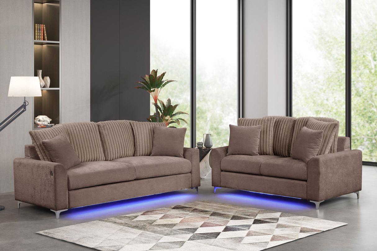 Brown Chenille Sofa & Loveseat Set with LED Lights