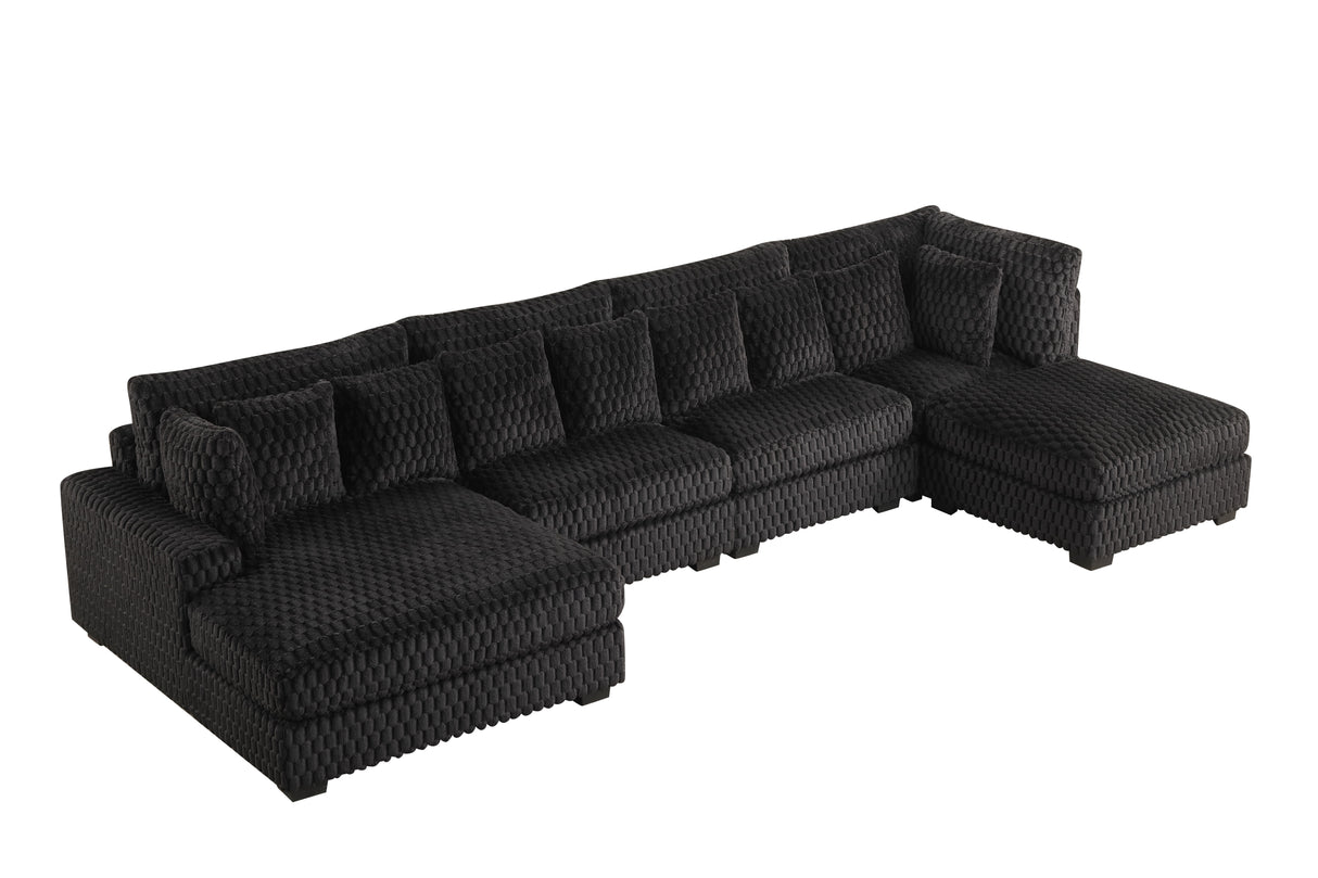 Black Textured Chenille 5-Piece Sectional Sofa with Chaise, Ottoman & 9 Pillows