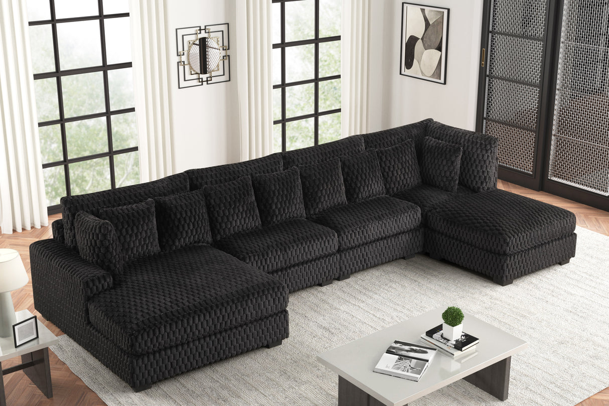 Black Textured Chenille 5-Piece Sectional Sofa with Chaise, Ottoman & 9 Pillows
