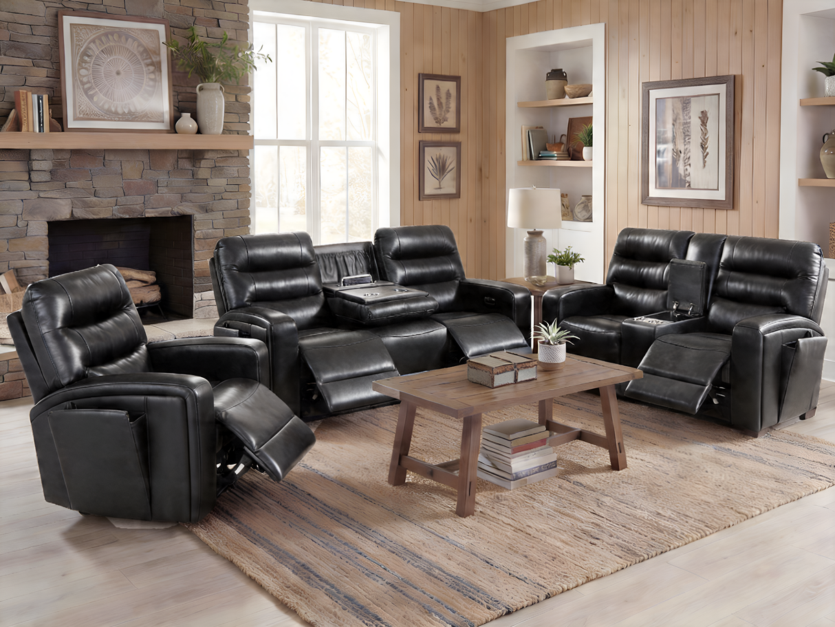 Black Top Grain Leather 3-Piece Dual Power Reclining Living Room Set with Hidden Cup Holders