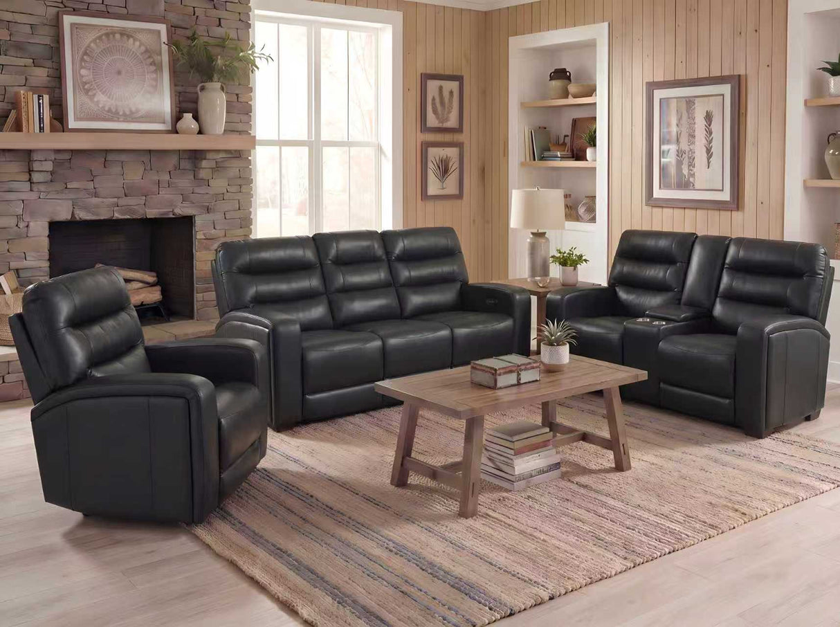 Black Top Grain Leather 3-Piece Dual Power Reclining Living Room Set with Hidden Cup Holders