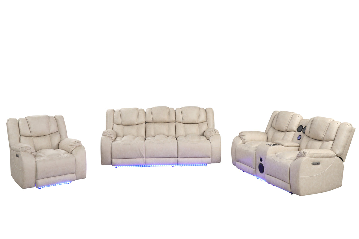 Beige Air Leather 3-Piece Power Reclining Living Room Set w/ LED Lights, USB, Wireless Charging & Bluetooth Speaker