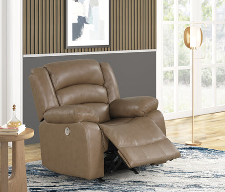 Brown leather recliner chair in a living room setting with a window and side table.