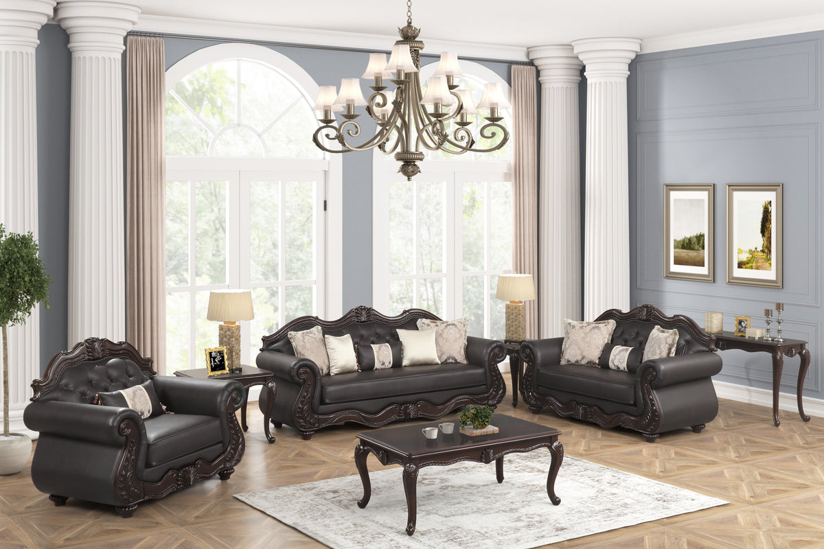 Traditional Dark Brown 3-Piece Living Room Set with Button Tufting, Rolled Arms & Ornate Scrollwork