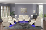 CinemaGlow 3-Piece Bone Air Leather Power Reclining Living Room Set with Bluetooth Speakers, Wireless Charging & LED Lights