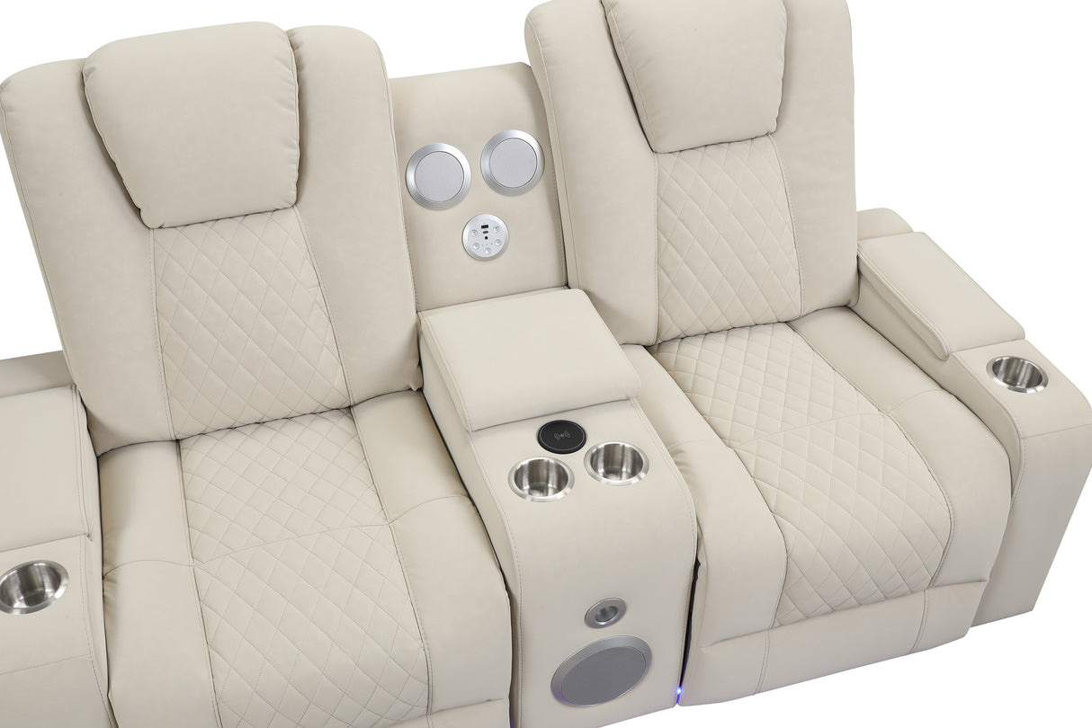 CinemaGlow 3-Piece Bone Air Leather Power Reclining Living Room Set with Bluetooth Speakers, Wireless Charging & LED Lights