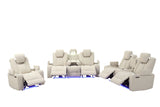 CinemaGlow 3-Piece Bone Air Leather Power Reclining Living Room Set with Bluetooth Speakers, Wireless Charging & LED Lights