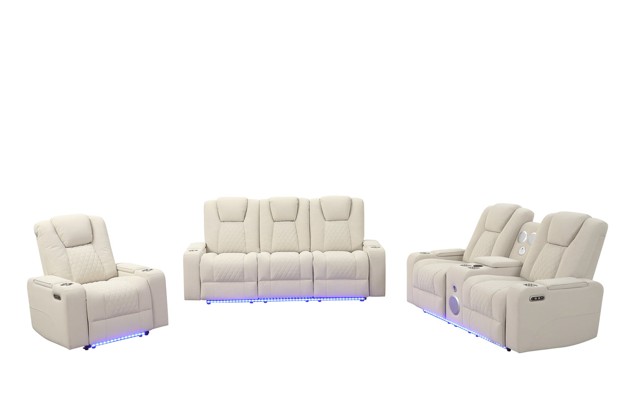 CinemaGlow 3-Piece Bone Air Leather Power Reclining Living Room Set with Bluetooth Speakers, Wireless Charging & LED Lights