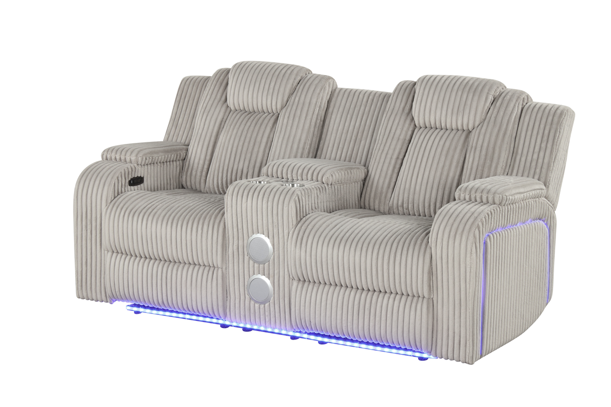 Light Grey Modern Corduroy 3-Piece Power Reclining Living Room Set with Power Headrests, LED Lights, Bluetooth Speakers, USB & Wireless Charging