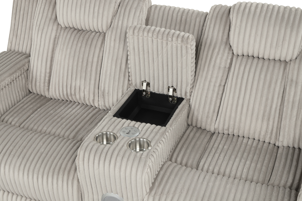 Light Grey Modern Corduroy 3-Piece Power Reclining Living Room Set with Power Headrests, LED Lights, Bluetooth Speakers, USB & Wireless Charging