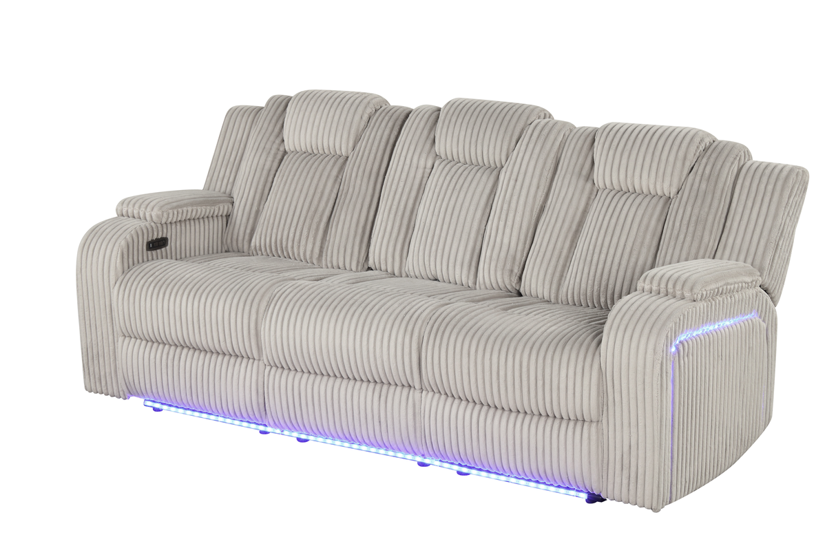 Light Grey Modern Corduroy 3-Piece Power Reclining Living Room Set with Power Headrests, LED Lights, Bluetooth Speakers, USB & Wireless Charging