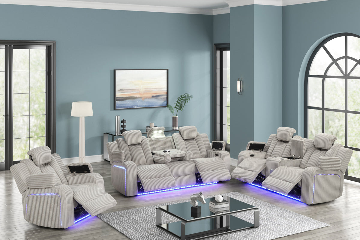Light Grey Modern Corduroy 3-Piece Power Reclining Living Room Set with Power Headrests, LED Lights, Media Control Panel, Bluetooth Speakers, USB & Wireless Charging