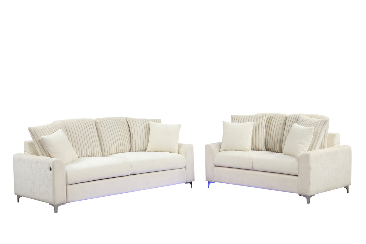 Alora Contemporary Beige Ribbed Sofa & Loveseat Set with LED Lights