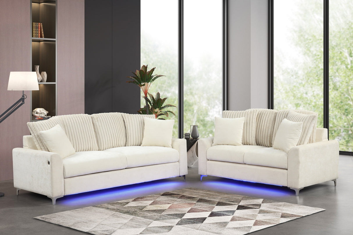 Alora Contemporary Beige Ribbed Sofa & Loveseat Set with LED Lights