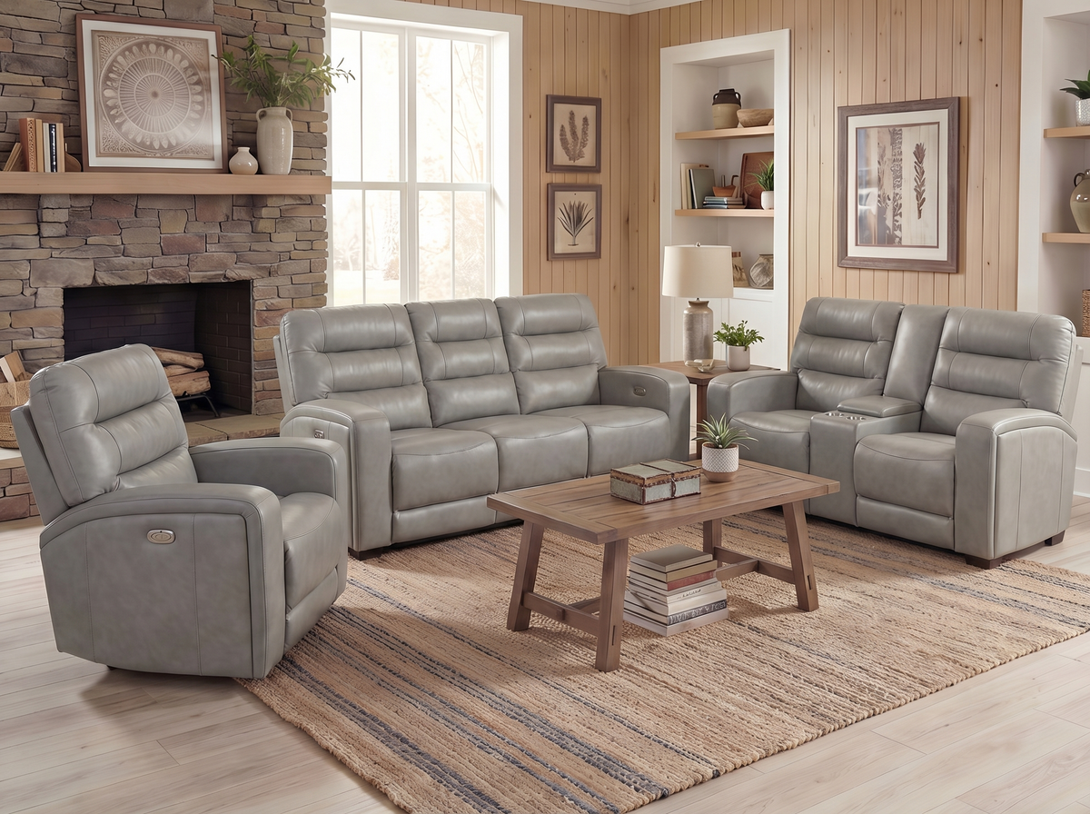 Modern Gray Top-Grain Leather 3-Piece Dual-Power Reclining Living Room Set