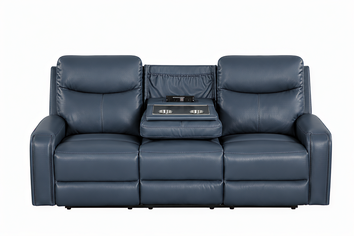 Blue Top-Grain Leather 3-Piece Power Reclining Living Room Set with Power Headrest