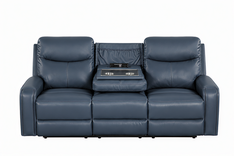 Blue leather sofa with reclining feature on a white background