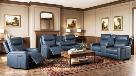 Luxury living room with blue leather recliner chairs and a wooden coffee table.