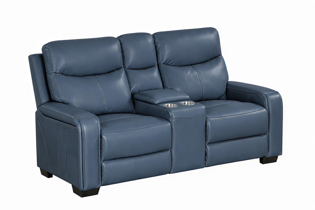 Blue Top-Grain Leather 3-Piece Power Reclining Living Room Set with Power Headrest