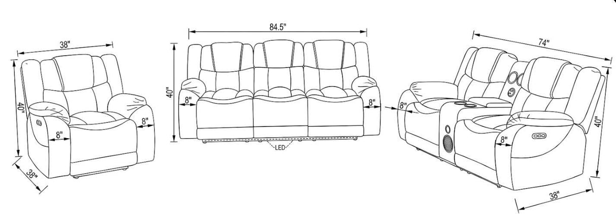 Brown Power Reclining 3-Piece Living Room Set with LED Lights, USB, Bluetooth Speaker & Wireless Charging