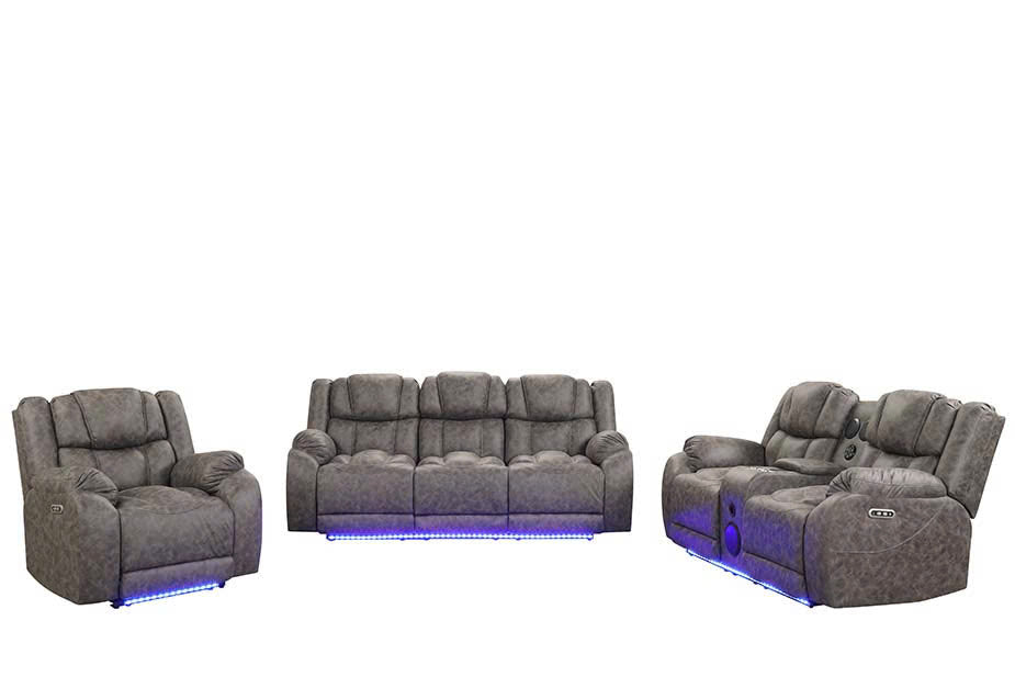 Dark Gray 3-Piece Power Reclining Living Room Set with LED Lights, USB, Bluetooth Speaker & Wireless Charging