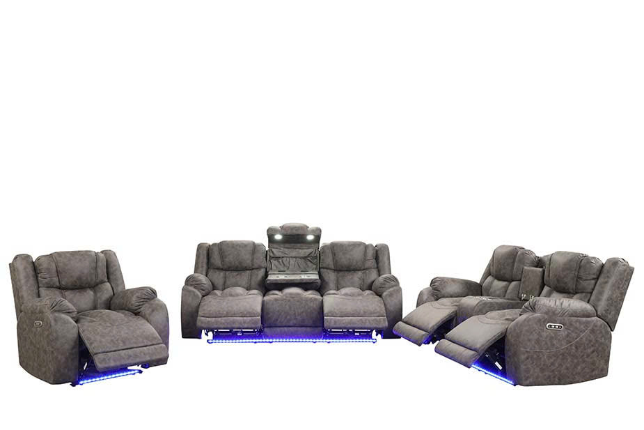 Dark Gray 3-Piece Power Reclining Living Room Set with LED Lights, USB, Bluetooth Speaker & Wireless Charging
