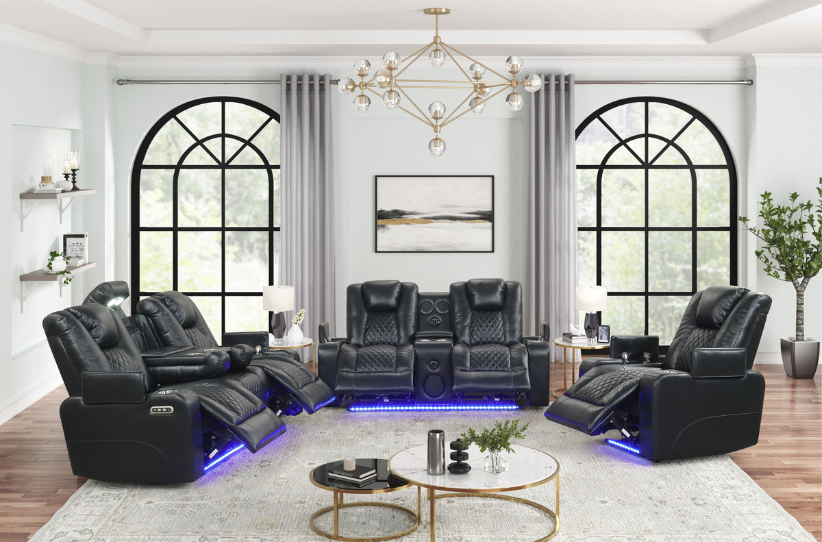 Boyington Black 3-Piece Power Reclining Living Room Set with LED, Bluetooth & Wireless Charging
