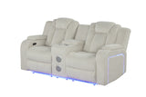 Beige Corduroy Power Reclining Living Room Set w/ LED Lights, Speakers, USB & Wireless Charging