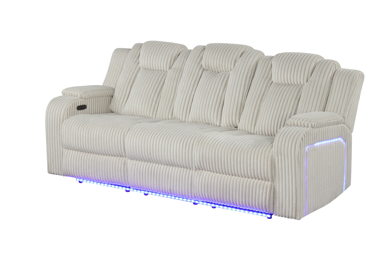 Beige Corduroy Power Reclining Living Room Set w/ LED Lights, Speakers, USB & Wireless Charging