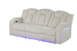 Beige Corduroy Power Reclining Living Room Set w/ LED Lights, Speakers, USB & Wireless Charging