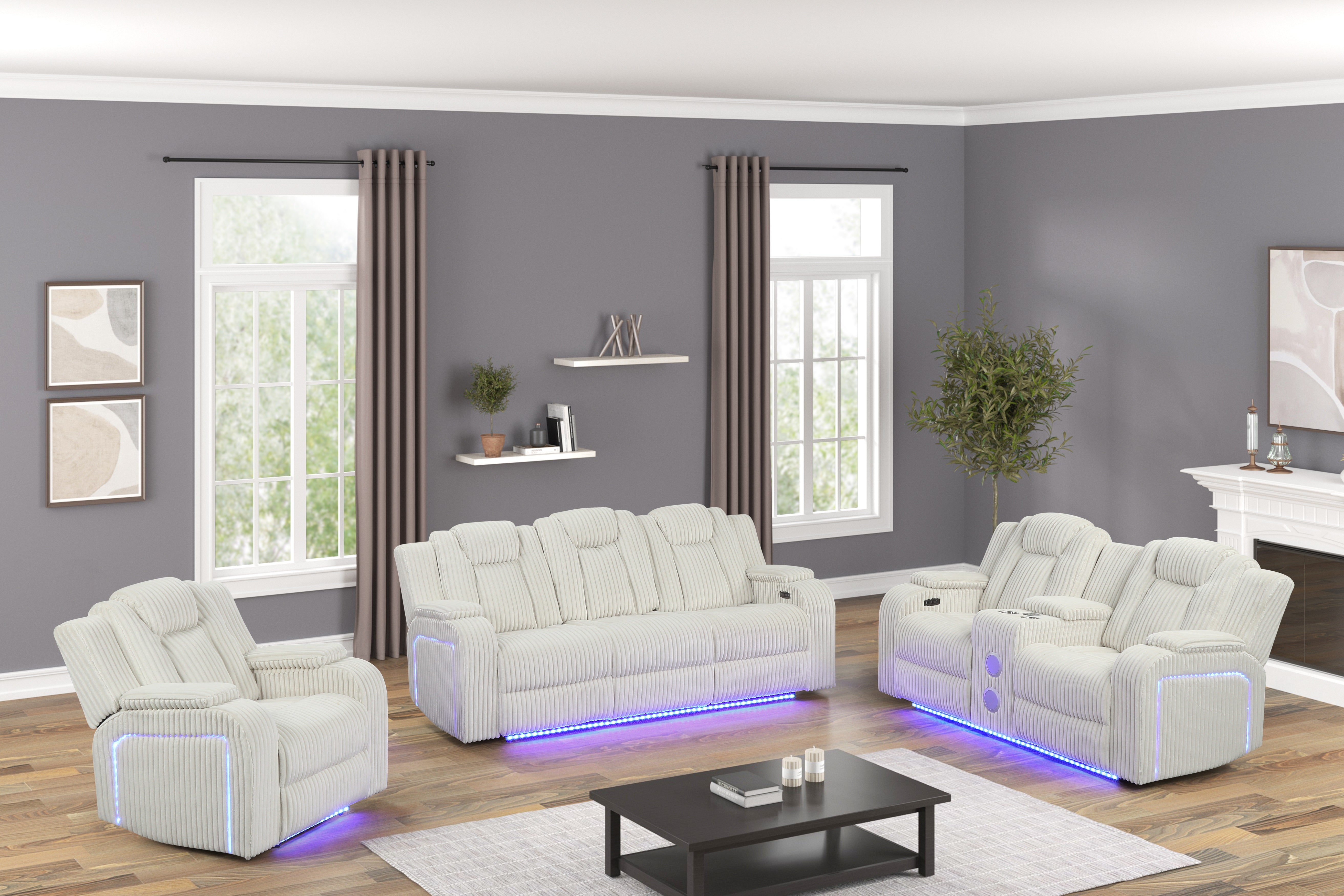Beige Corduroy Power Reclining Set w/ LED & Speakers | BEL Furnitu
