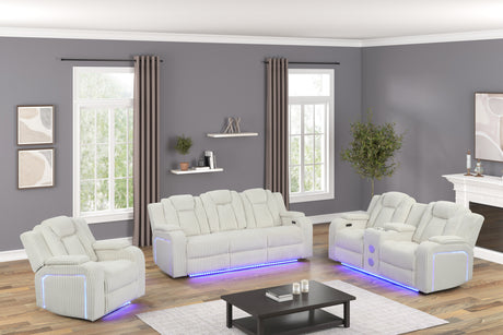 Beige Corduroy Power Reclining Living Room Set w/ LED Lights, Speakers, USB & Wireless Charging