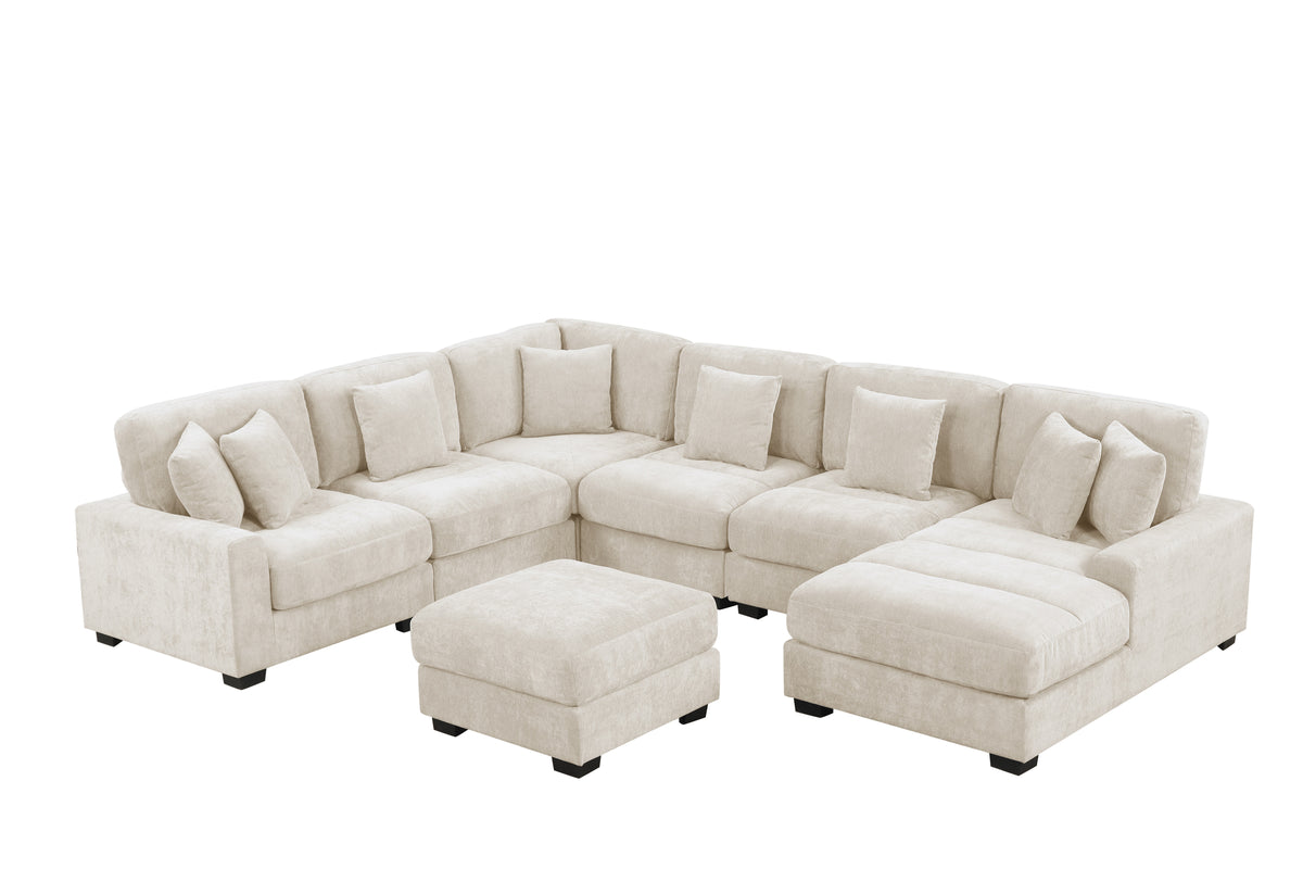 Cream Chenille 5-Piece Modular Sectional Sofa with Chaise & Ottoman