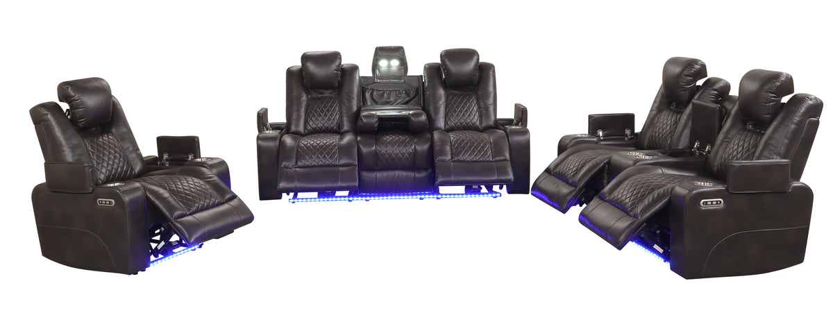 Boyington Brown 3-Piece Power Reclining Living Room Set with LED, Bluetooth & Wireless Charging