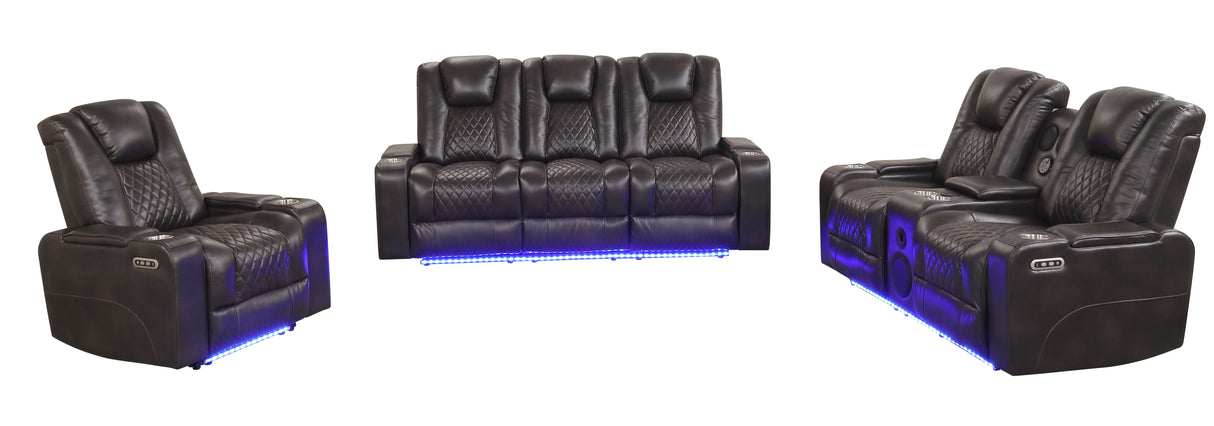 Boyington Brown 3-Piece Power Reclining Living Room Set with LED, Bluetooth & Wireless Charging