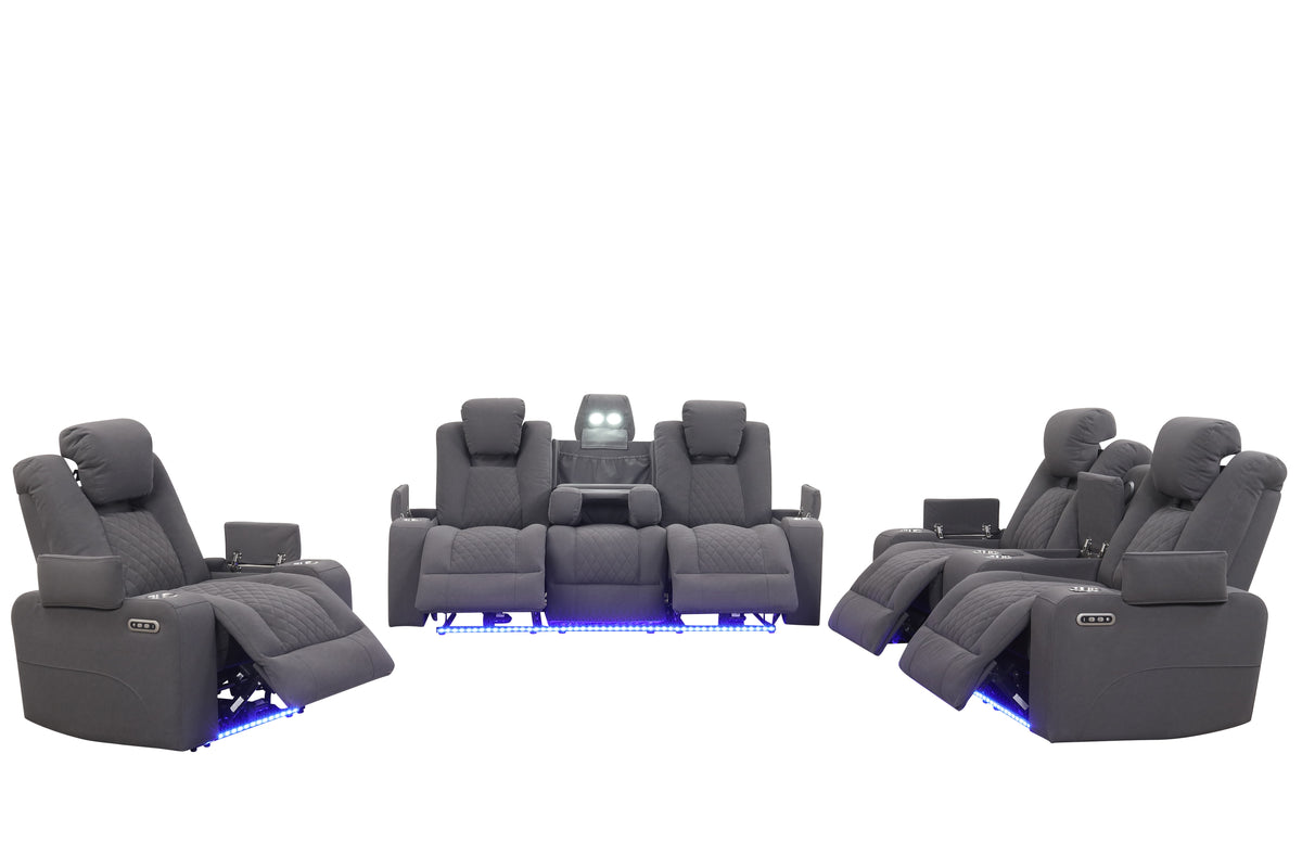 Gray 3-Piece Dual Power Reclining Living Room Set with Power Headrest, LED Lights, Bluetooth Speakers & Wireless Charging