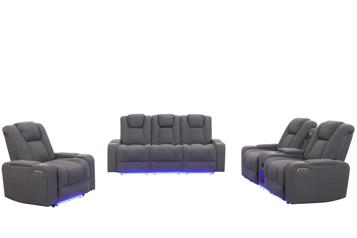 Gray 3-Piece Dual Power Reclining Living Room Set with Power Headrest, LED Lights, Bluetooth Speakers & Wireless Charging