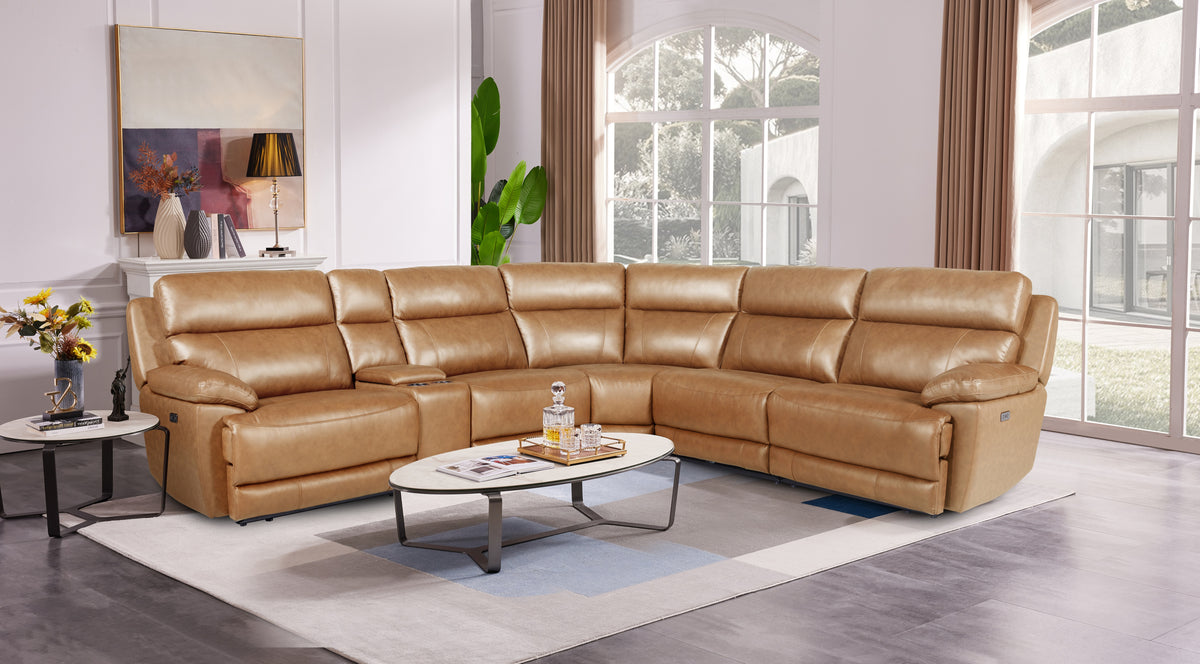 Contemporary Light Brown 6-Piece Top-Grain Leather Power Reclining Sectional with Power Headrests & Console
