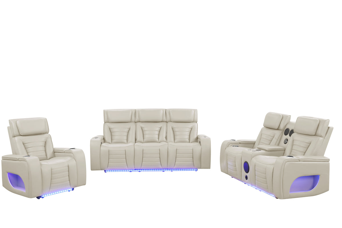 Elite Beige 3-Piece Power Reclining Living Room Set with Adjustable Headrests, LED Lights & Bluetooth