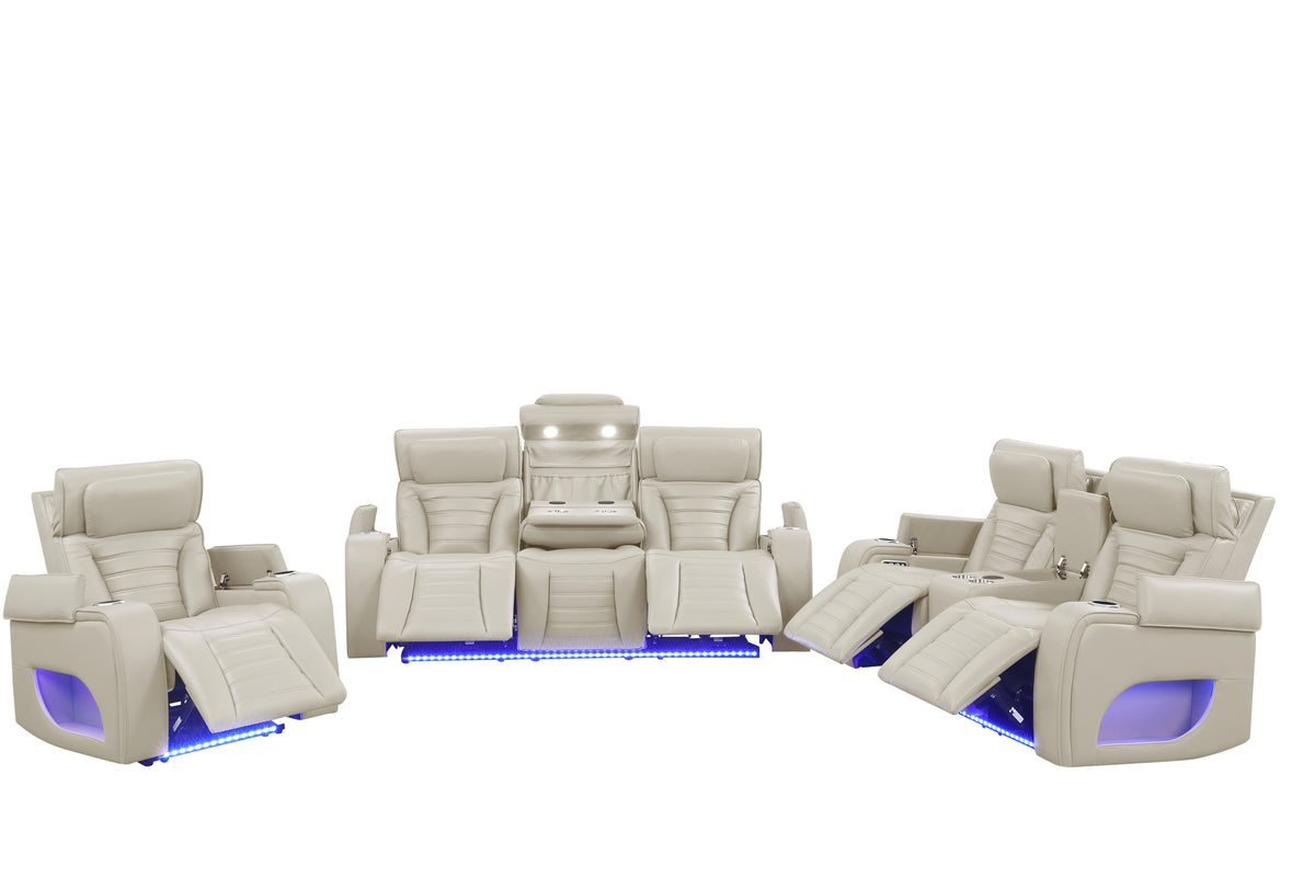 Elite Beige 3-Piece Power Reclining Living Room Set with Adjustable Headrests, LED Lights & Bluetooth