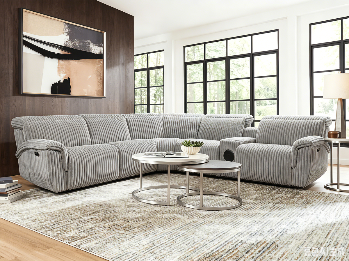 Light Gray Wide-Wale Corduroy 6-Piece Power Reclining Sectional with Bluetooth