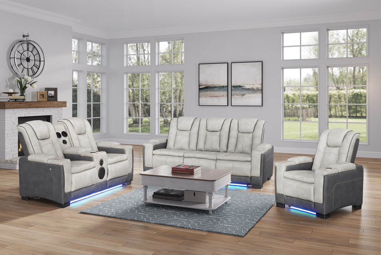Gray Two-Tone Power Reclining Living Room Set with Power Headrests, LED Lighting, Console Storage, Bluetooth Speakers & USB Charging