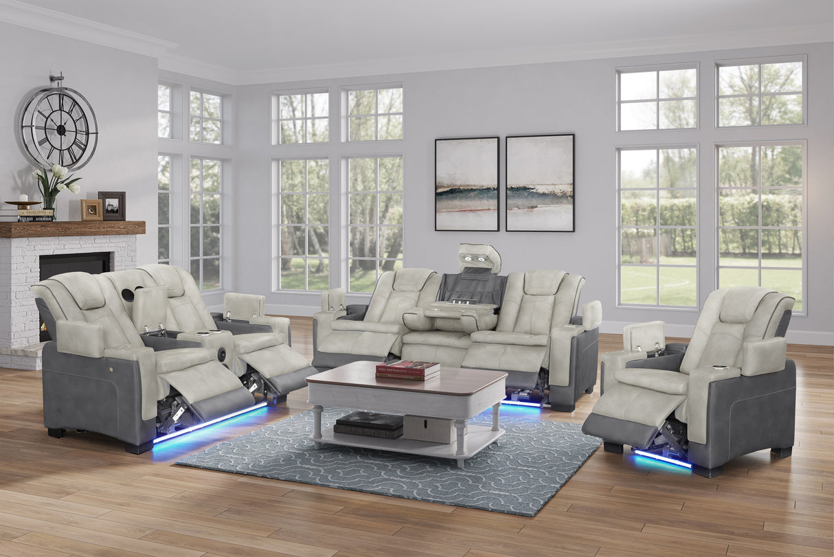 Gray Two-Tone Power Reclining Living Room Set with Power Headrests, LED Lighting, Console Storage, Bluetooth Speakers & USB Charging