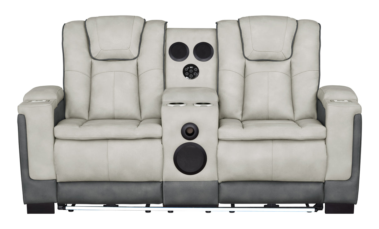 Gray Two-Tone Power Reclining Living Room Set with Power Headrests, LED Lighting, Console Storage, Bluetooth Speakers & USB Charging