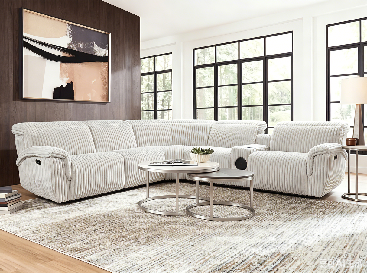 White Modern Ribbed Velvet 6-Piece Dual-Power Reclining Sectional with Bluetooth Console
